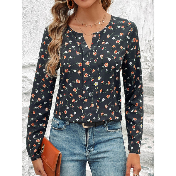 Elegant Floral Print Long Sleeve Top, Black Polyester Round Neck Blouse, Women's Slim Fit Fashion.