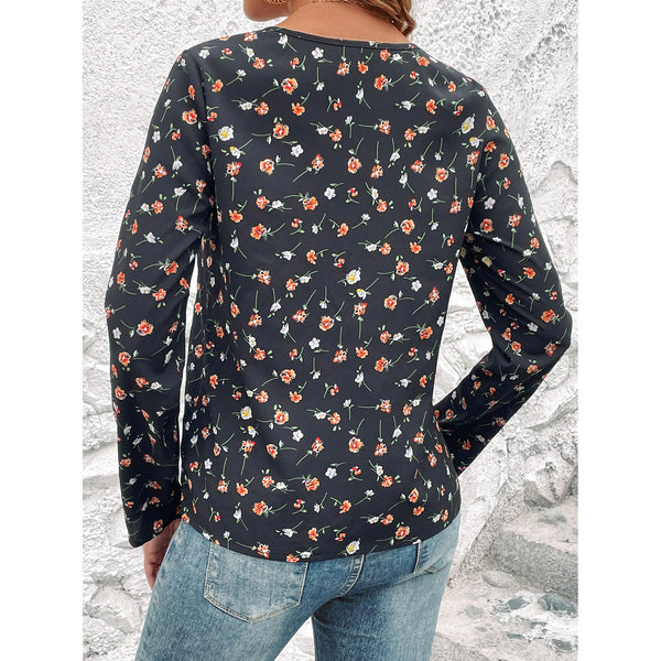 Elegant Floral Print Long Sleeve Black Top for Women - Slim Fit Polyester Fashion - Sizes S-XXL - Casual Fall Wear