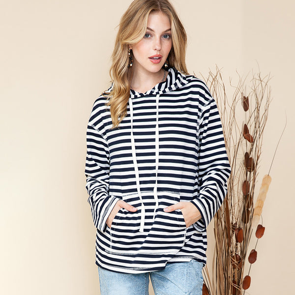 Trendy Shiying Striped Hooded Sweater - Women's Autumn & Winter Fashion, Red Striped Polyester Sweater, Long Sleeve Street Style Top.