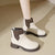 Chic British Knitted Ankle Boots in Creamy-White, Black & Brown - Martin Boots with Satin Material & Rubber Sole. Stylish & Comfortable Boots for Women.