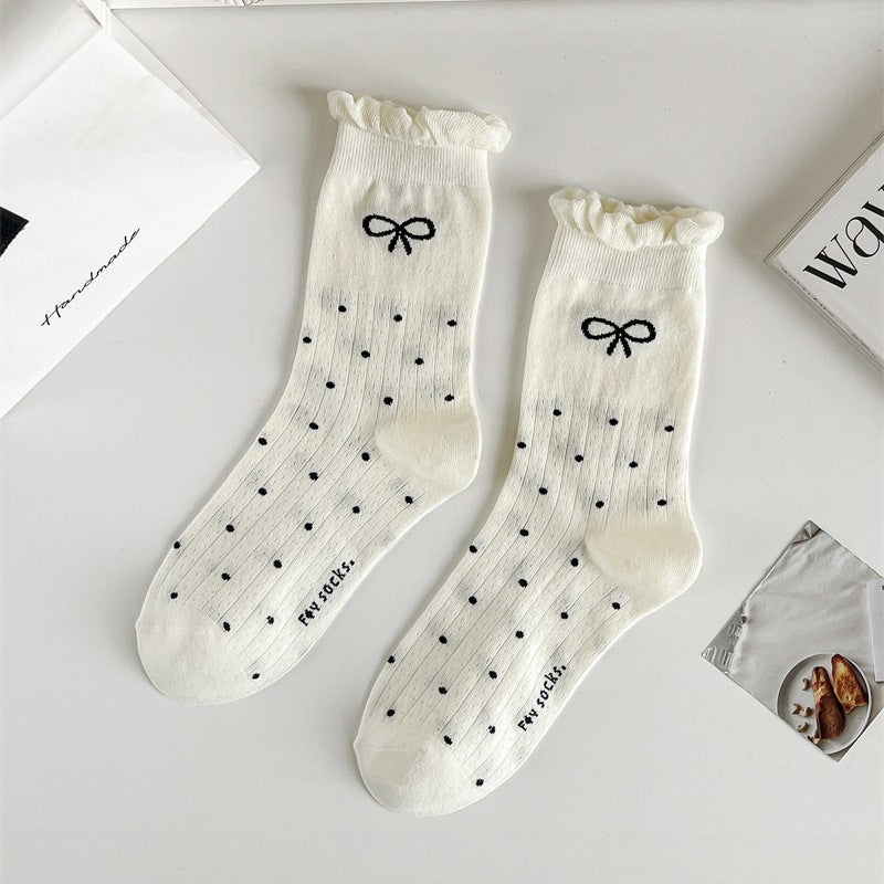 Three-dimensional Curling Polka Dot Bow Female Ballet Style Pure Cotton Mid-calf Length Socks