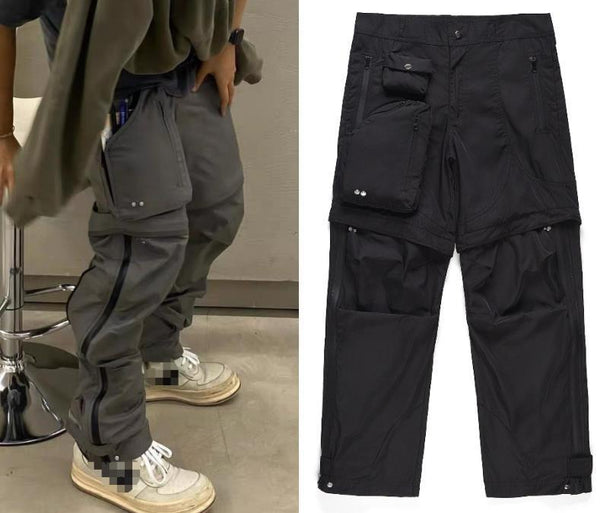 Functional Zip Nylon Trousers with Detachable Pockets in Acrylic - Black & Grey. Men's Skinny Fit Casual Pants with Asian Sizes.