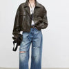 Vintage Sheepskin Black Women's Short Jacket Loose Fit Retro Style