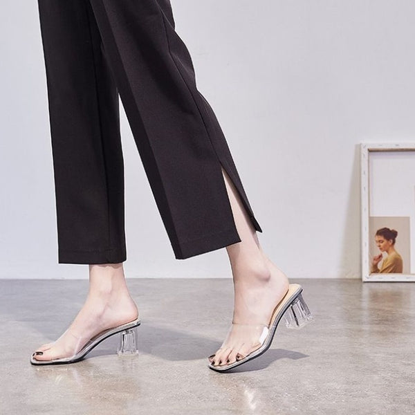 Chic Square Toe Crystal Heel Sandals - Korean Style Footwear