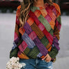 Chic Botanical Print Patchwork Sweater - Women's Trendy Pullover Top - Striking Color Contrast - Comfortable Fit - Medium Thickness