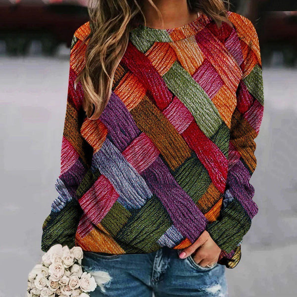 Chic Botanical Print Patchwork Sweater - Women's Trendy Pullover Top - Striking Color Contrast - Comfortable Fit - Medium Thickness