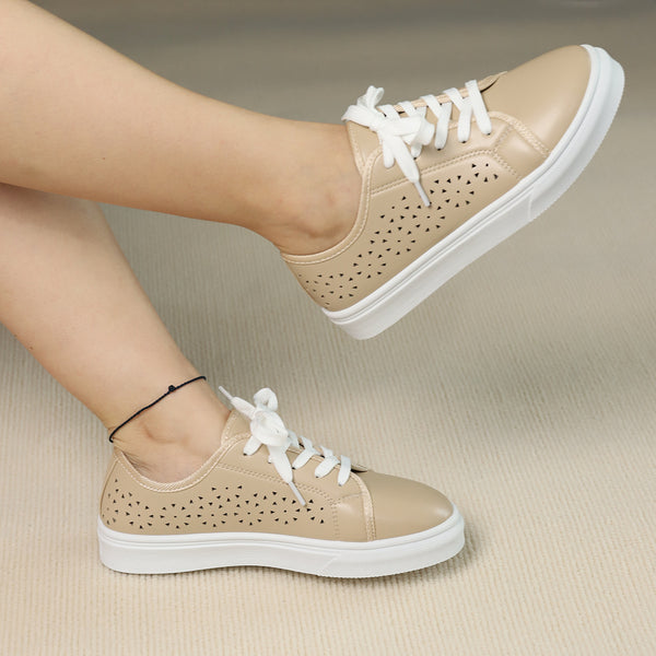 Trendy Multicolor Casual Sneakers - European & American Style, Breathable PU, Durable Rubber Sole - Light Brown, Apricot, Black, White.