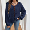 Women's Lace-up Cardigan in Light Gray - Casual, Loose Fit Sweater with Solid Color Design. Perfect for Women's Fashion.