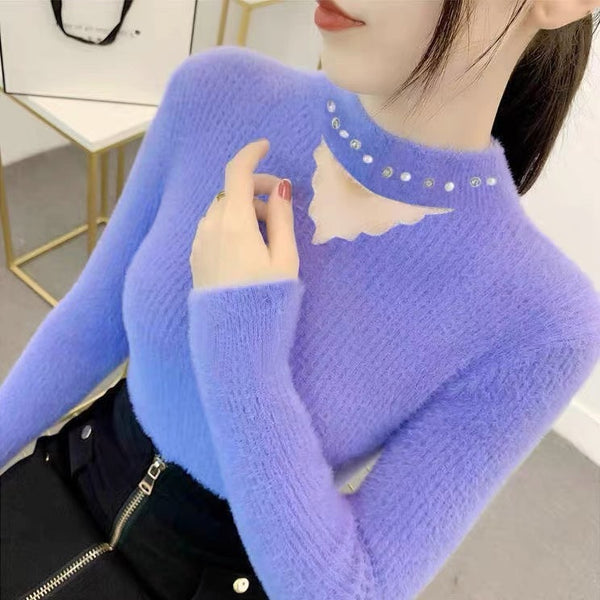 Stylish Lace Collar Rhinestone Sweater in 5 Colors - Women's Fashion comfort with elegant lace collar & rhinestone details.