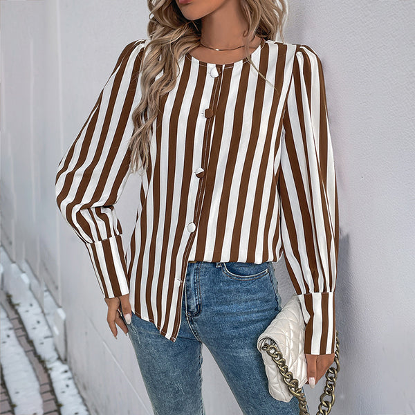 Striped V-Neck Brown Cardigan - Rich, Warm, Stylish Layering Piece