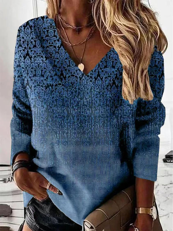 Chic Retro V-Neck Women's Long-Sleeve T-shirt in 3D Prints - Vintage-inspired style with bold 3D design - Women's Fashion - Plus Sizes - Variety of Colors