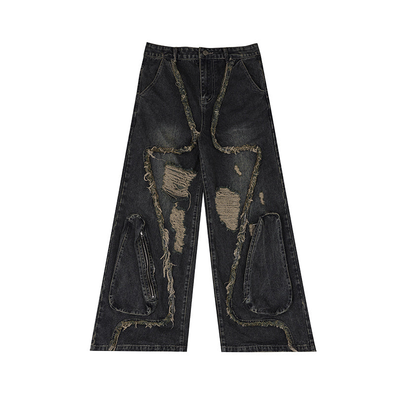 Retro Distressed Heavy Niche Deconstruction Tasseled Jeans