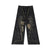 Vintage-Style Distressed Straight-Leg Jeans with Tassel Detail in Black and Blue