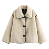 Sleek Plush Coat with Large Fur Collar in Milky White - Buttoned, Fur Collar, Medium Length, Polyester Winter Coat for Women