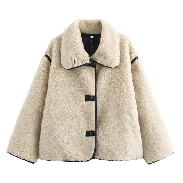 Sleek Plush Coat with Large Fur Collar in Milky White - Buttoned, Fur Collar, Medium Length, Polyester Winter Coat for Women