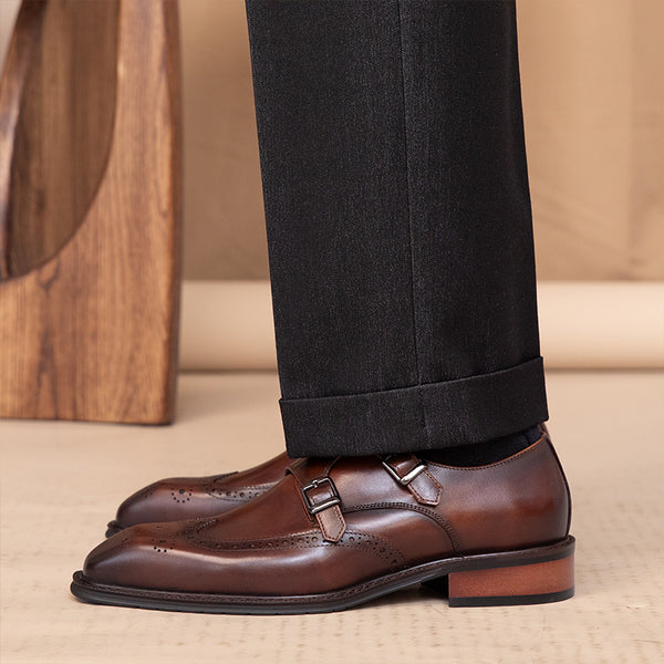Elegant British Style Leather Square Toe Shoes in Black and Brown - Durable, Stylish Men's Footwear with Buckle Closure.