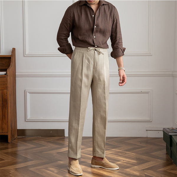 Lightweight Casual Linen Trousers for Men - Navy Blue and Khaki - Breathable and Stylish Commuting Pants - Sizes 29-36 - Micro-elastic Waistband.