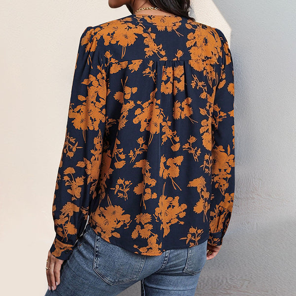 Chic V-Neck Pullover Shirt with Stylish Print, Long Sleeve, Polyester Fabric, Women's Fashion, Trendy Design, Formal and Casual Wear