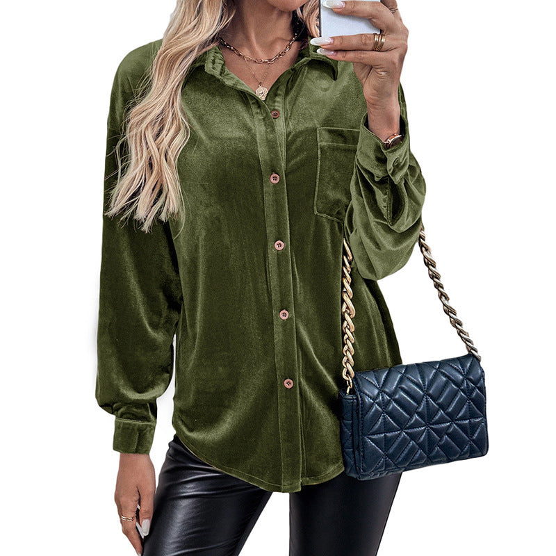 Autumn Cardigan Lapel Velvet Solid Color Long-sleeved Shirt