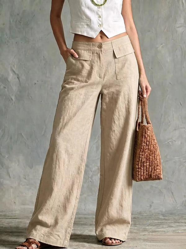 Back view of linen wide leg pants with button closure detail
