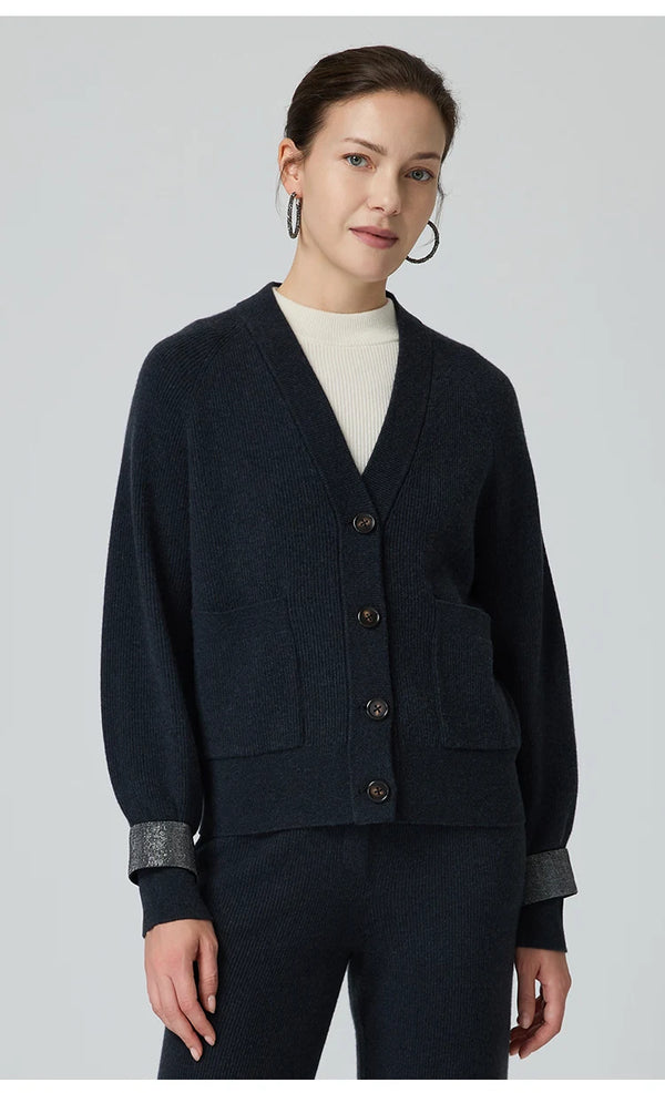 Premium rib knit wool cardigan offering timeless elegance and superior warmth
