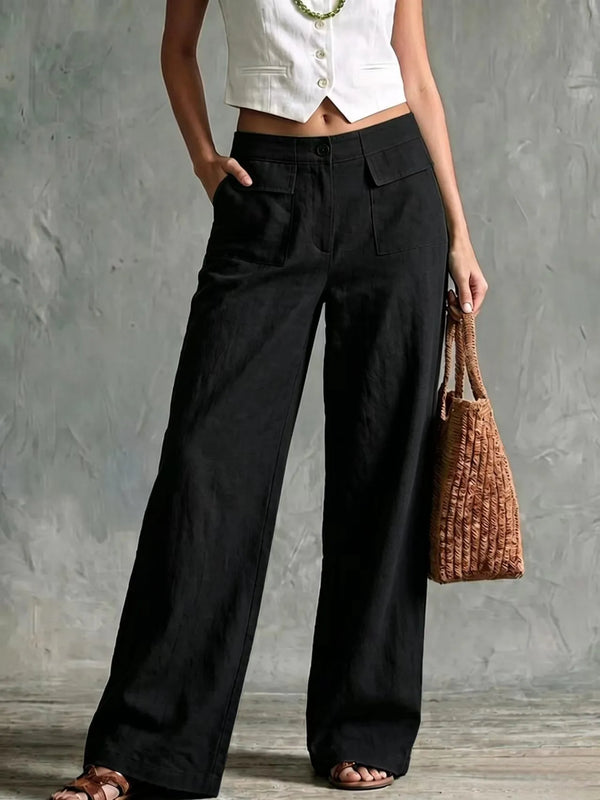 Breathable polyester pants with linen texture and comfortable fit