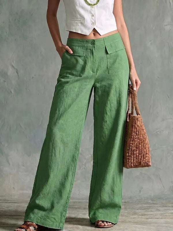 Full length view of linen-look wide leg pants showing elegant silhouette
