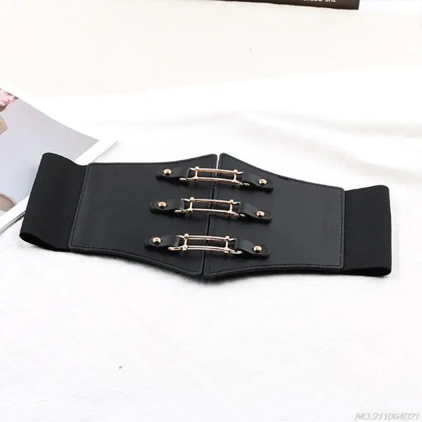 Chic wide corset belt for women in black PU leather, perfect for body sculpting and stylish waist support.