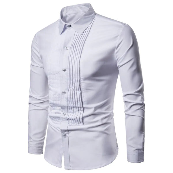 Elegant men's designer dress shirts in black and white, perfect for weddings and events, featuring a turn-down collar and lon