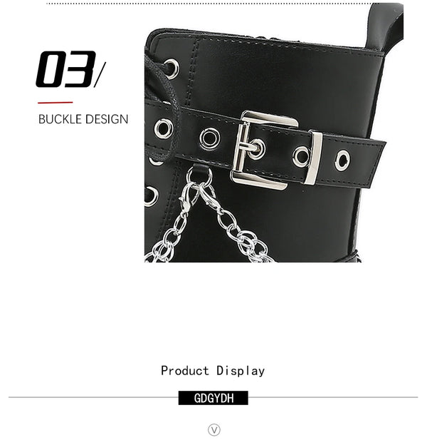 Black motorcycle boots with metal chain decoration and convenient side zip