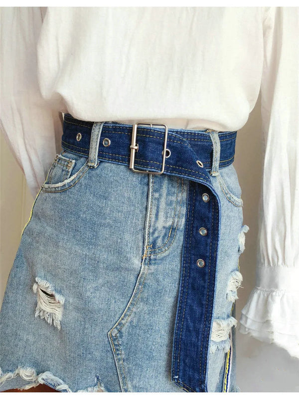 Chic wide denim belt with pin buckle for women, perfect for casual and semi-formal outfits, enhancing your silhouette.