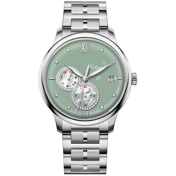Detailed view of the elegant stainless steel band on LOBINNI watch.