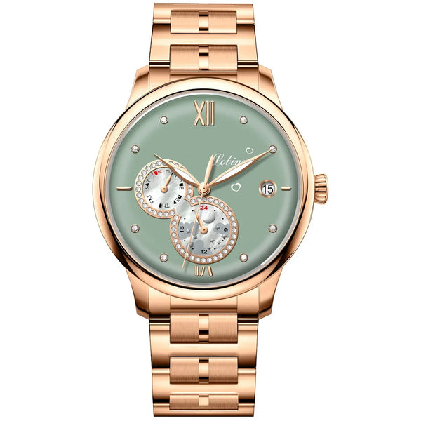 Automatic movement watch with intuitive week, date, and time display.