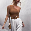 Contemporary crop tank featuring asymmetric design and elastic comfort