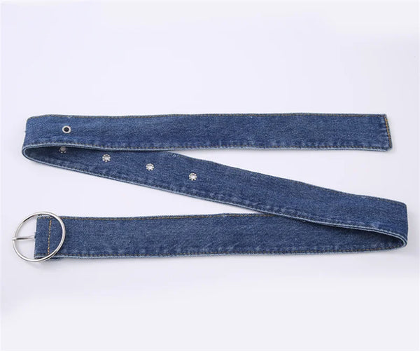 Chic wide denim belt with pin buckle for women, perfect for casual and semi-formal outfits, enhancing your silhouette.