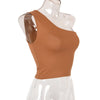 Women's crop tank featuring asymmetric hem and elastic knit material