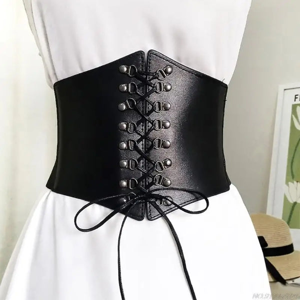 Chic wide corset belt for women in black PU leather, perfect for body sculpting and stylish waist support.