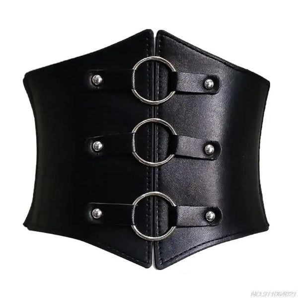Chic wide corset belt for women in black PU leather, perfect for body sculpting and stylish clubwear outfits.