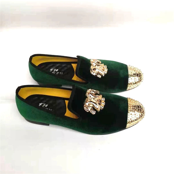 Men's formal loafers in soft velvet with a striking gold toe.