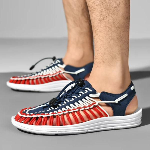Men's handwoven beach footwear with breathable construction and flat heel