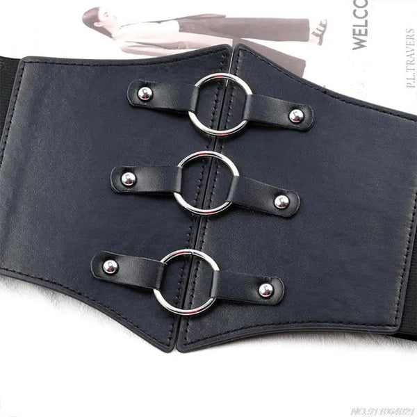 Chic wide corset belt for women in black PU leather, perfect for body sculpting and stylish waist support in any outfit.