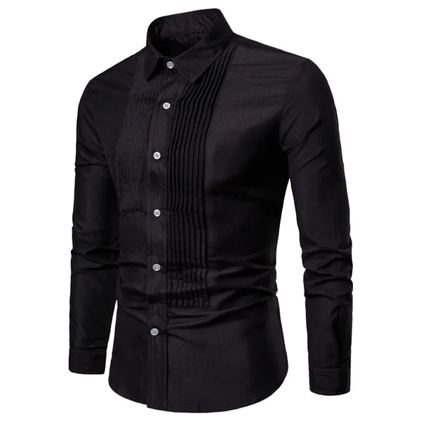 Elegant men's designer dress shirts in black and white, perfect for weddings and events, featuring a turn-down collar and lon