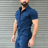 Men's casual one-piece fashion jumpsuit with belt, breathable polyester, button fly closure, perfect for spring and summer.