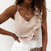 Chic Summer V-Neck Ruffle Blouse for women, sleeveless, backless, lightweight chiffon, perfect for office or casual outings.