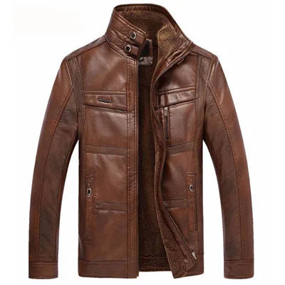 Elegant men's faux leather jacket with fleece lining, mandarin collar, and zipper closure for stylish winter warmth.