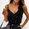 Chic Summer V-Neck Ruffle Blouse for women, sleeveless, backless, lightweight chiffon, perfect for office or casual outings.