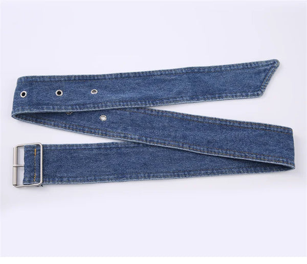 Chic wide denim belt with pin buckle for women, perfect for casual and semi-formal outfits, enhancing style and silhouette.