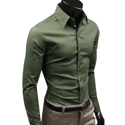 Classic Men's Business Dress Shirt in solid color, long sleeve, slim fit, perfect for office wear and casual outings.