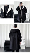 Hooded men's winter trench coat, thick fleece-lined jacket, stylish urban outerwear, perfect for cold weather and layering.
