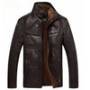 Elegant men's faux leather jacket with fleece lining, mandarin collar, and zipper closure for stylish winter warmth.